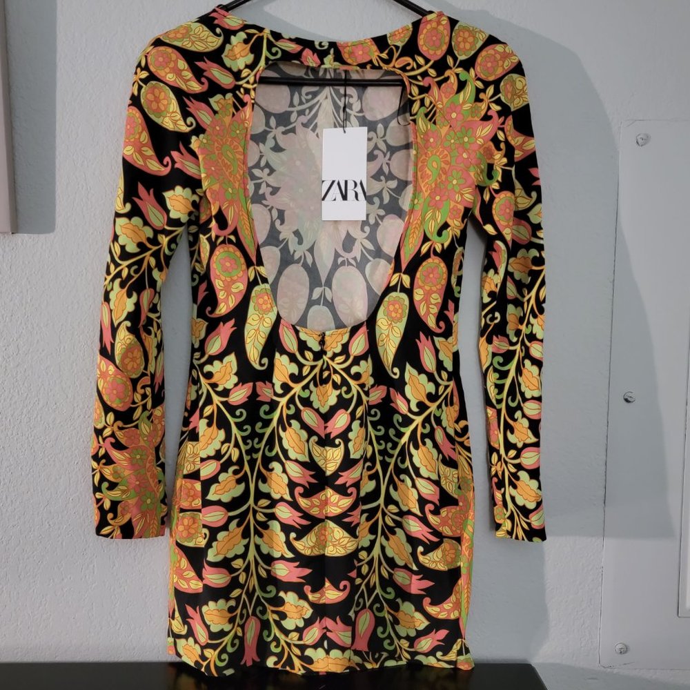 NWT Zara printed fitted open back Multi Color Mini Dress - Picture 3 of 7